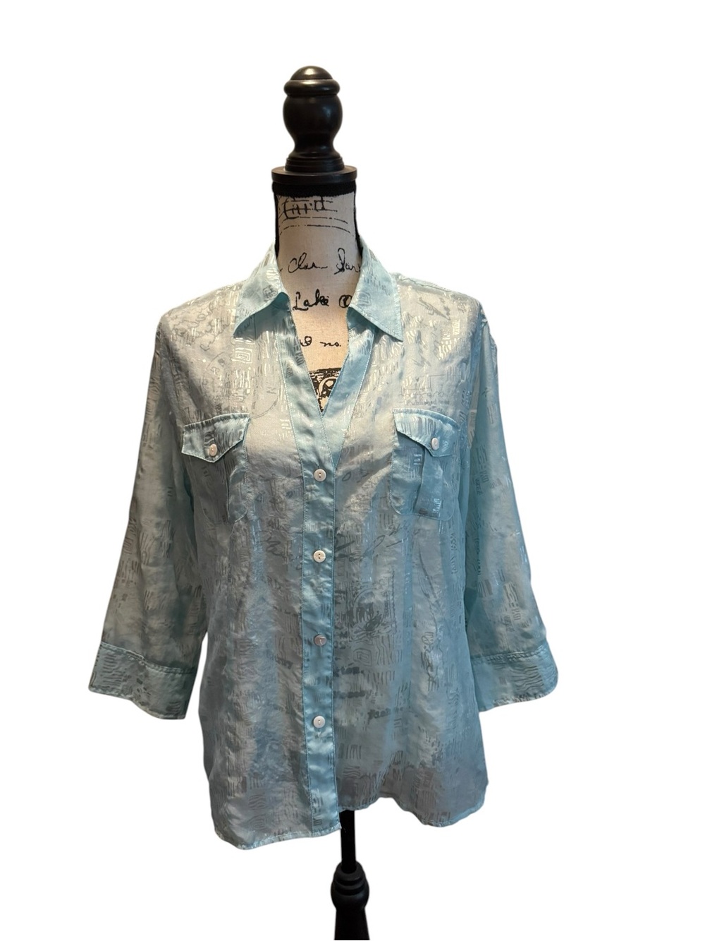Chico’s Semi Sheer Blouse Top Blue Silver accent Size 2 Large 3/4 sleeves NWOT
